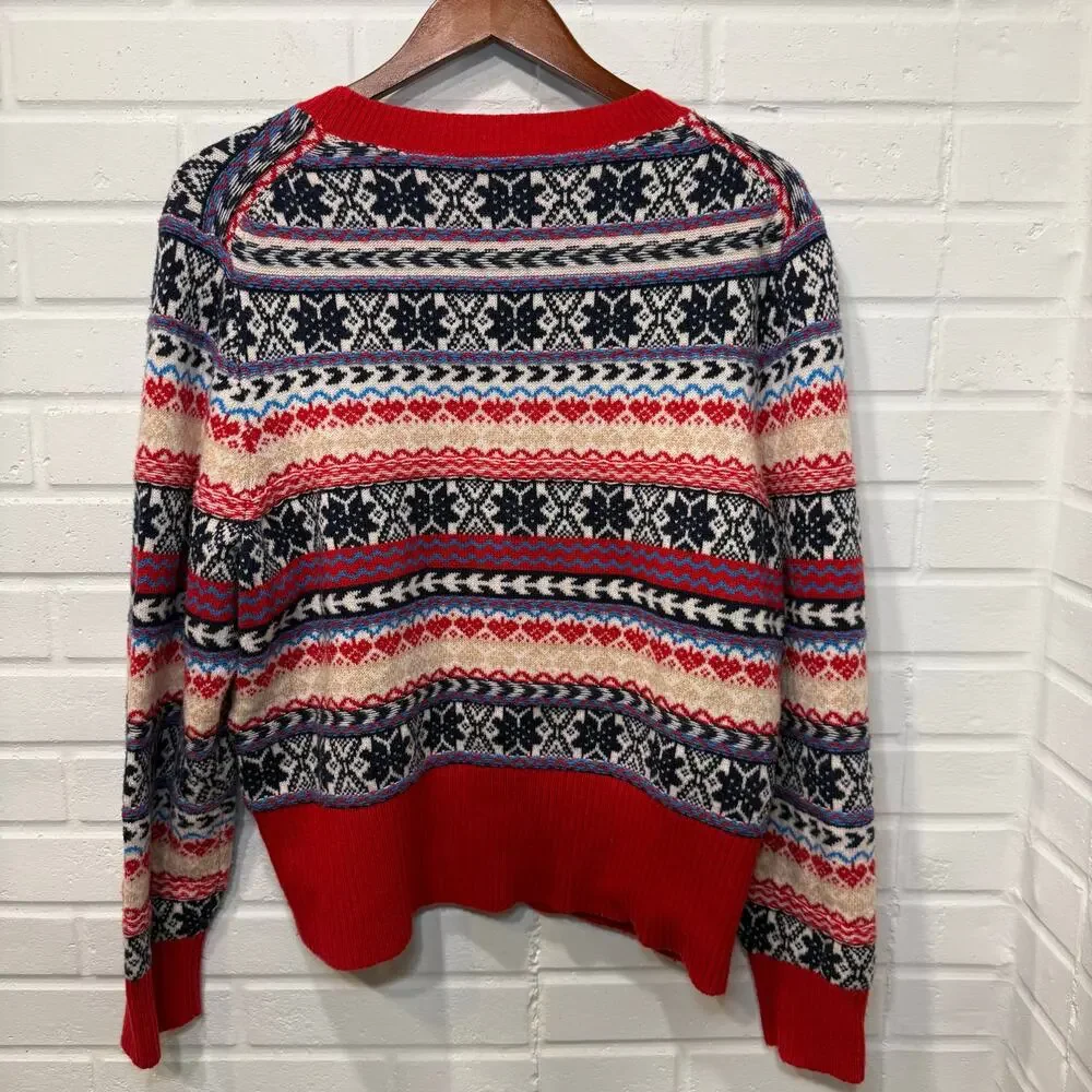 JCrew‎ Fair Isle Crewneck Lambs Wool Blend Sweater 2X Red Navy Winter Christmas